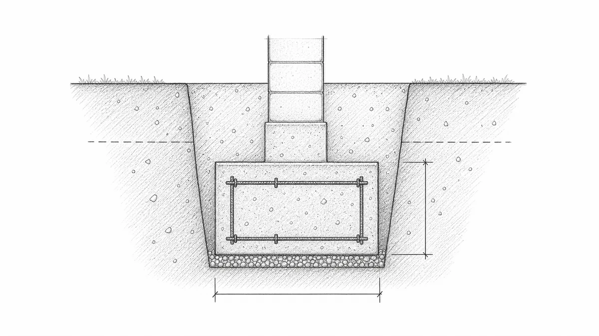Strip footing cross-section showing a footing in a trench, soil walls, optional reinforcement, and a frost-depth reference