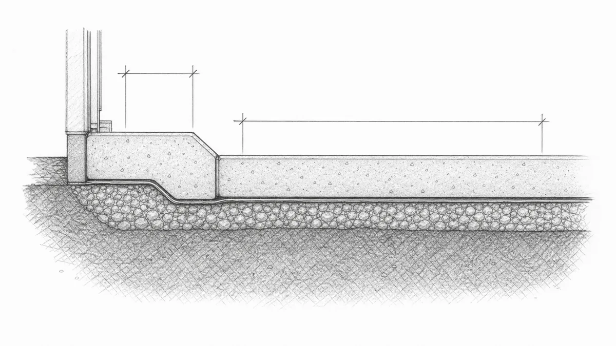 Garage slab section diagram showing the floor field, thickened edge, compacted base, and vapor barrier