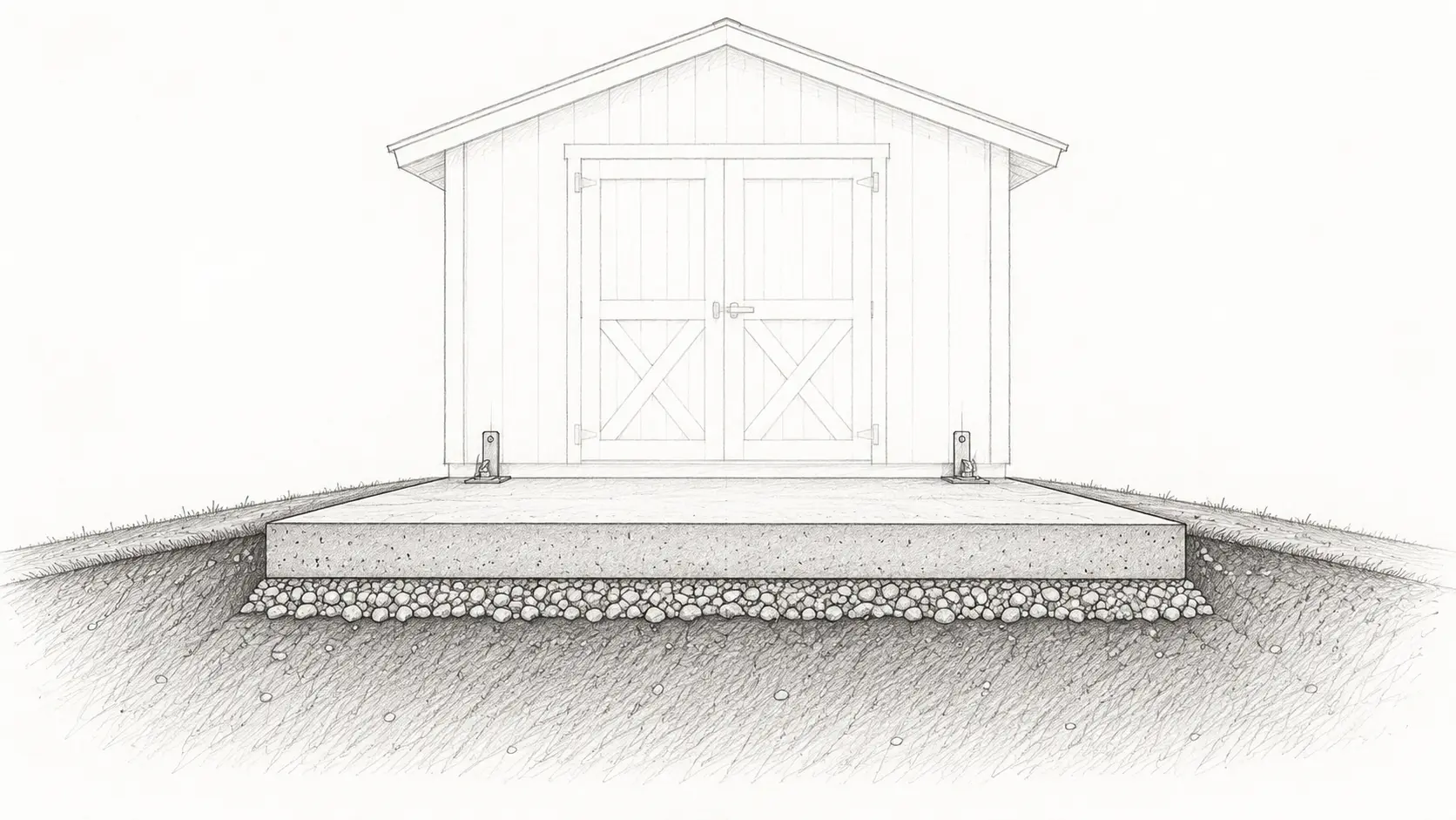 Shed pad diagram showing a slab, compacted gravel base, grade sloping away from the pad, and anchor locations