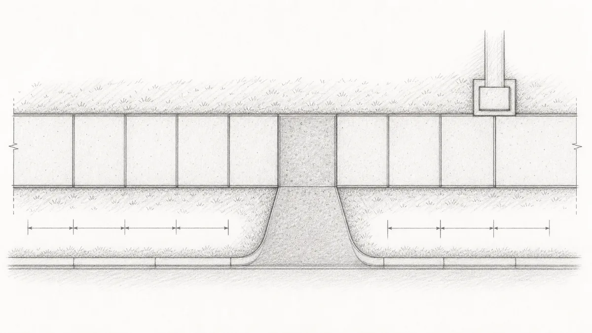 Sidewalk layout diagram showing rectangular panels, control joints, isolation joints, and a driveway crossing section