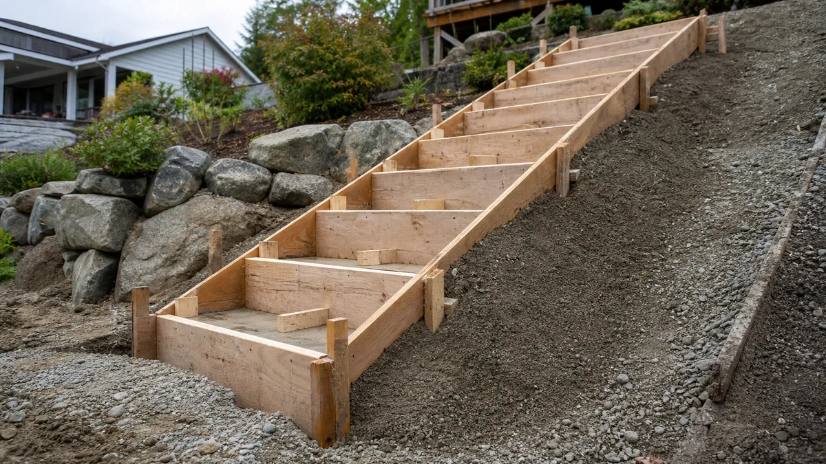Hillside concrete stair formwork supported by a compacted earth slope with uniform riser boards and side forms