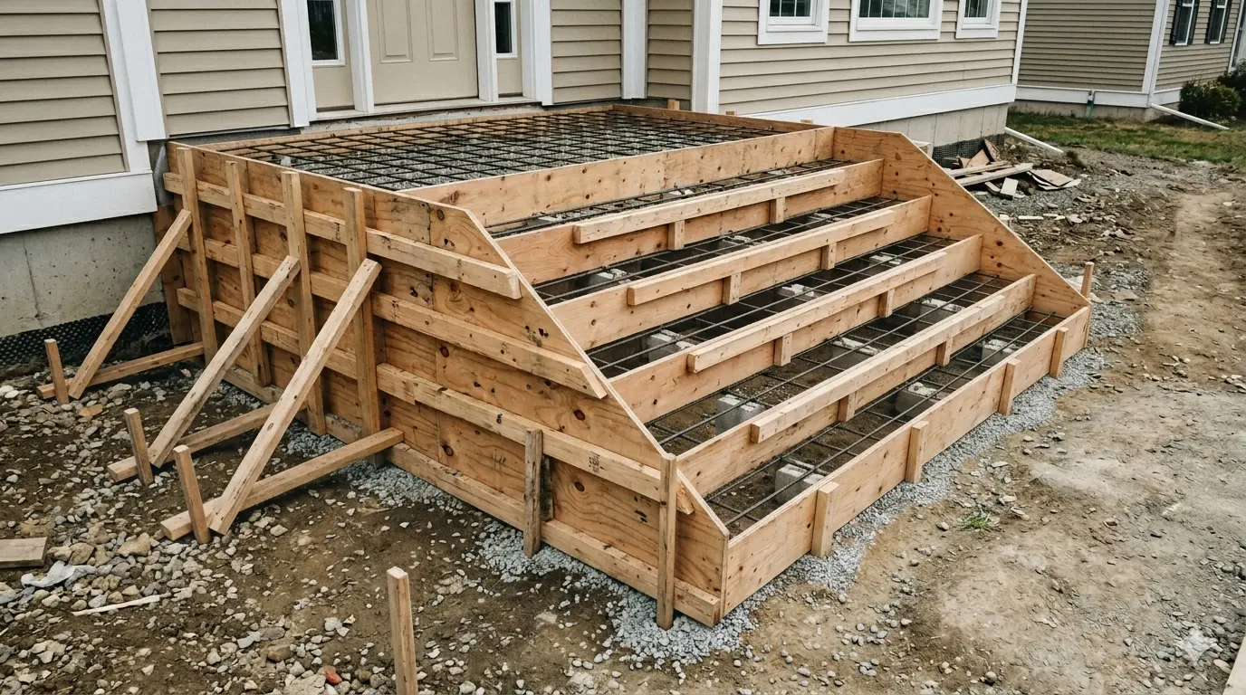 Solid concrete stoop formwork with plywood sides, braced riser boards, compacted base, and a full-height landing pedestal