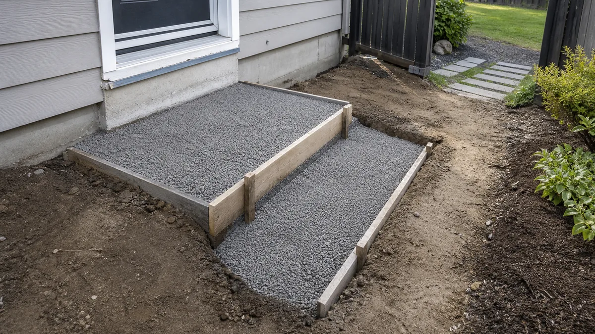 Compacted gravel base for exterior concrete steps with surrounding grade prepared to drain away from the house