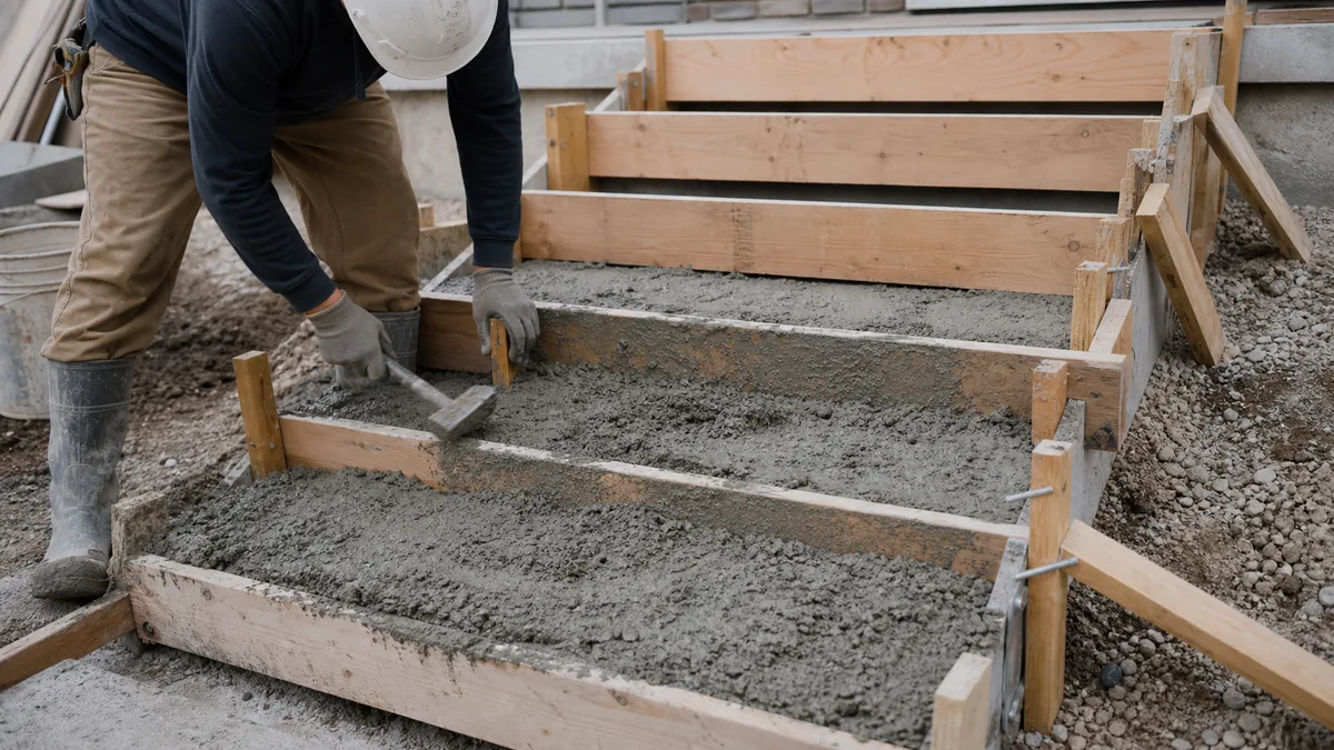Worker placing fresh concrete into lower step forms first while the upper riser forms remain braced