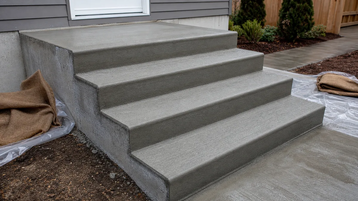 Finished exterior concrete steps with uniform risers, broom-finished treads, rounded nosings, and curing materials nearby
