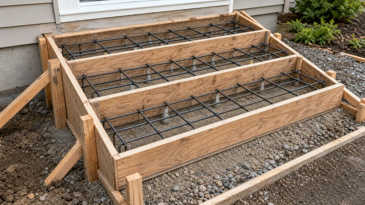 Rebar grid for concrete steps held on chairs inside plywood forms with visible cover from the base and form faces