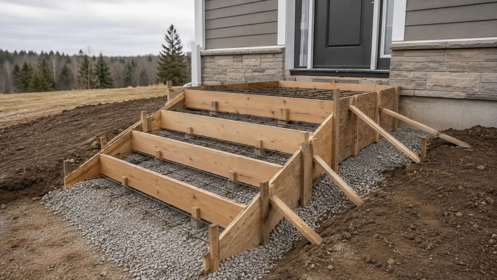 Residential entry stoop formwork with uniform risers, a landing, compacted base, and grade falling away from the house