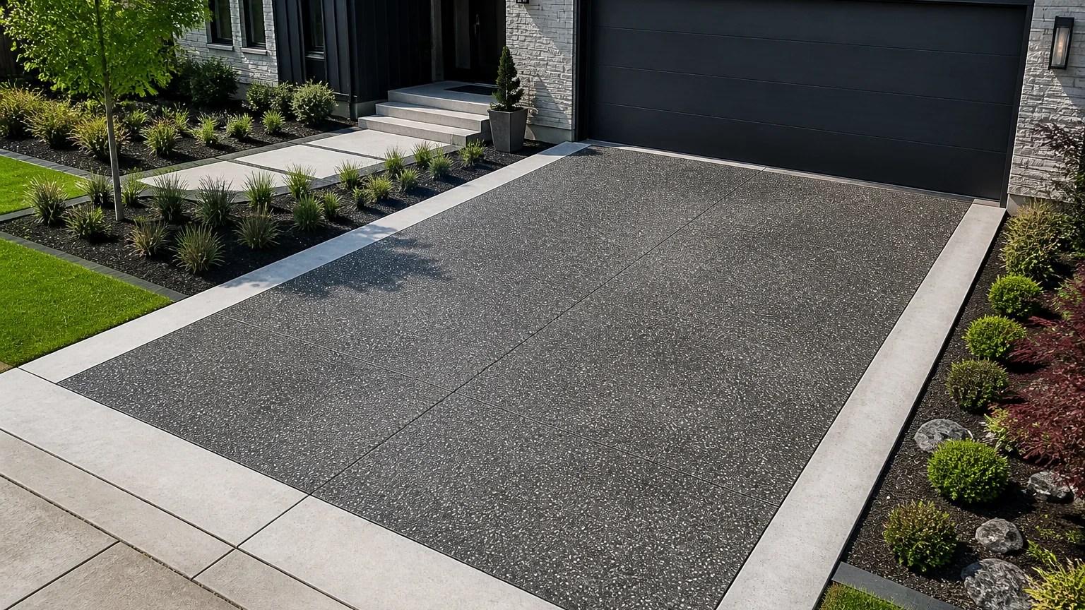 Charcoal exposed aggregate driveway with a pale concrete curb edge and modern landscaping.