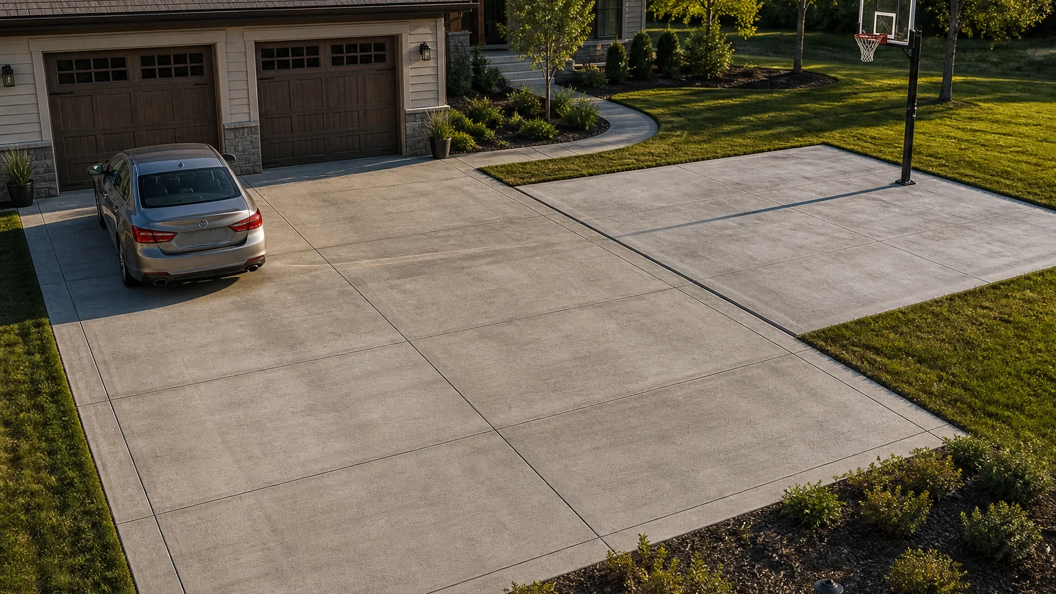 Concrete driveway with a separate adjacent recreational pad and a landscaped suburban edge.