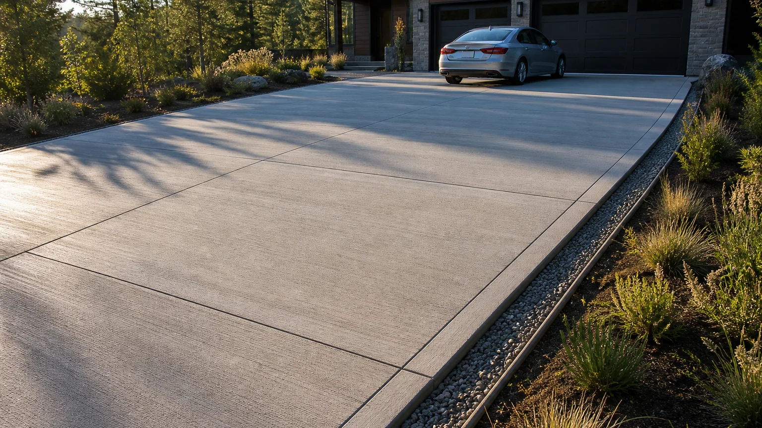 Concrete driveway with a narrow gravel infiltration edge and modern front-yard planting.