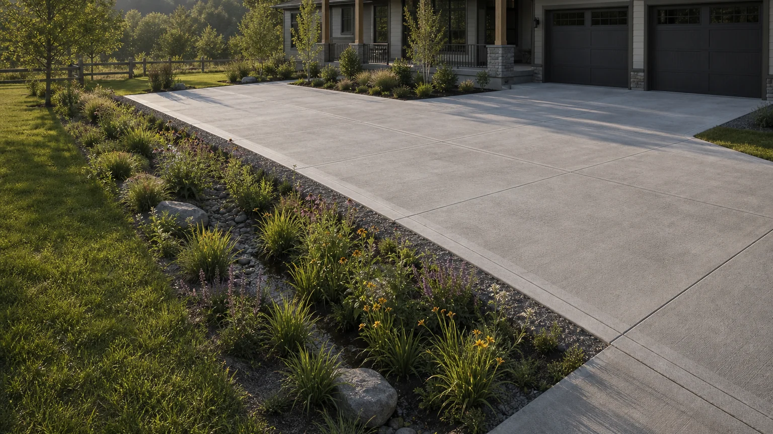 Concrete driveway draining toward a low rain-garden swale with native planting.