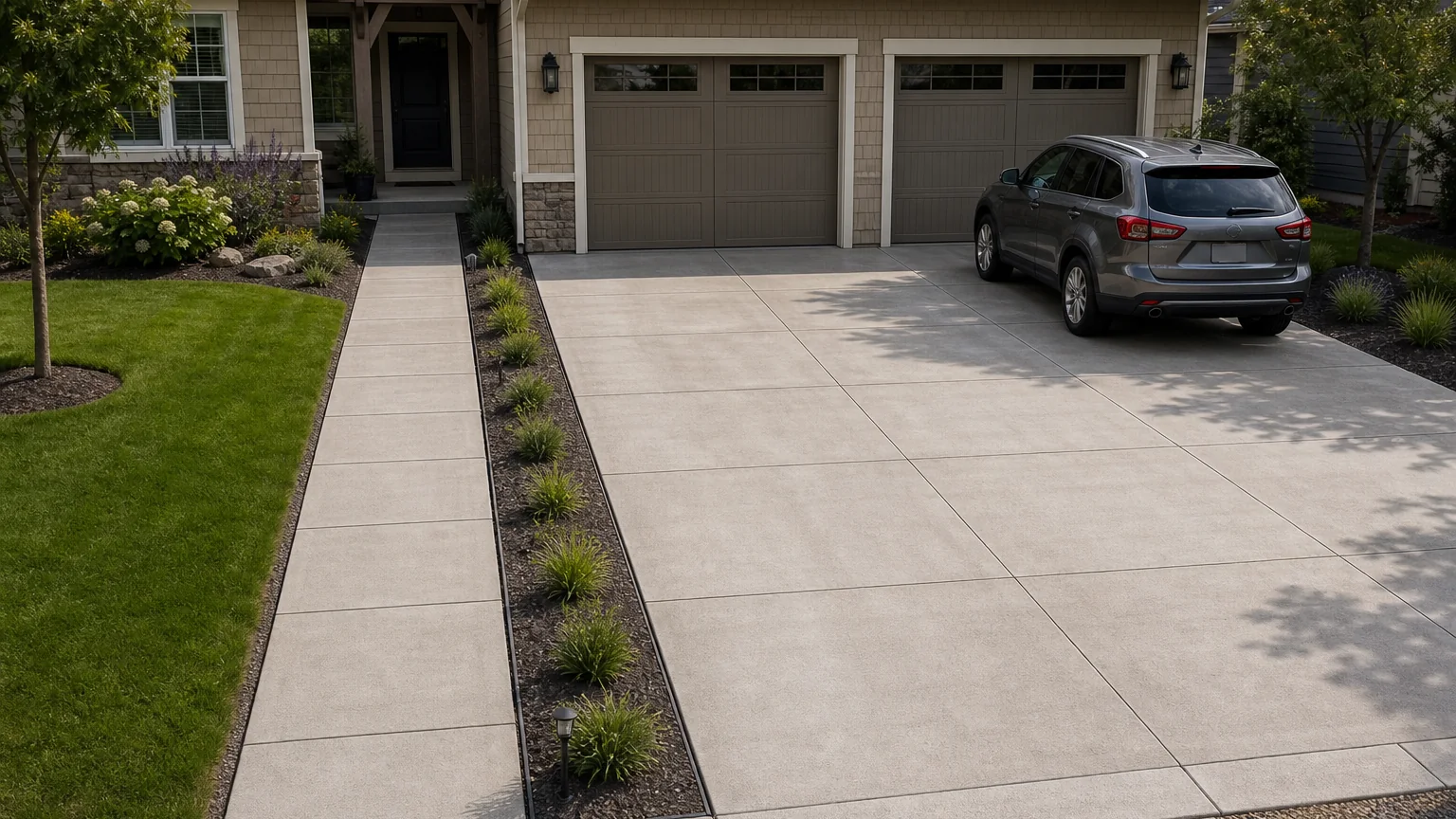 Coordinated concrete driveway and front walk with aligned joints at a suburban home.