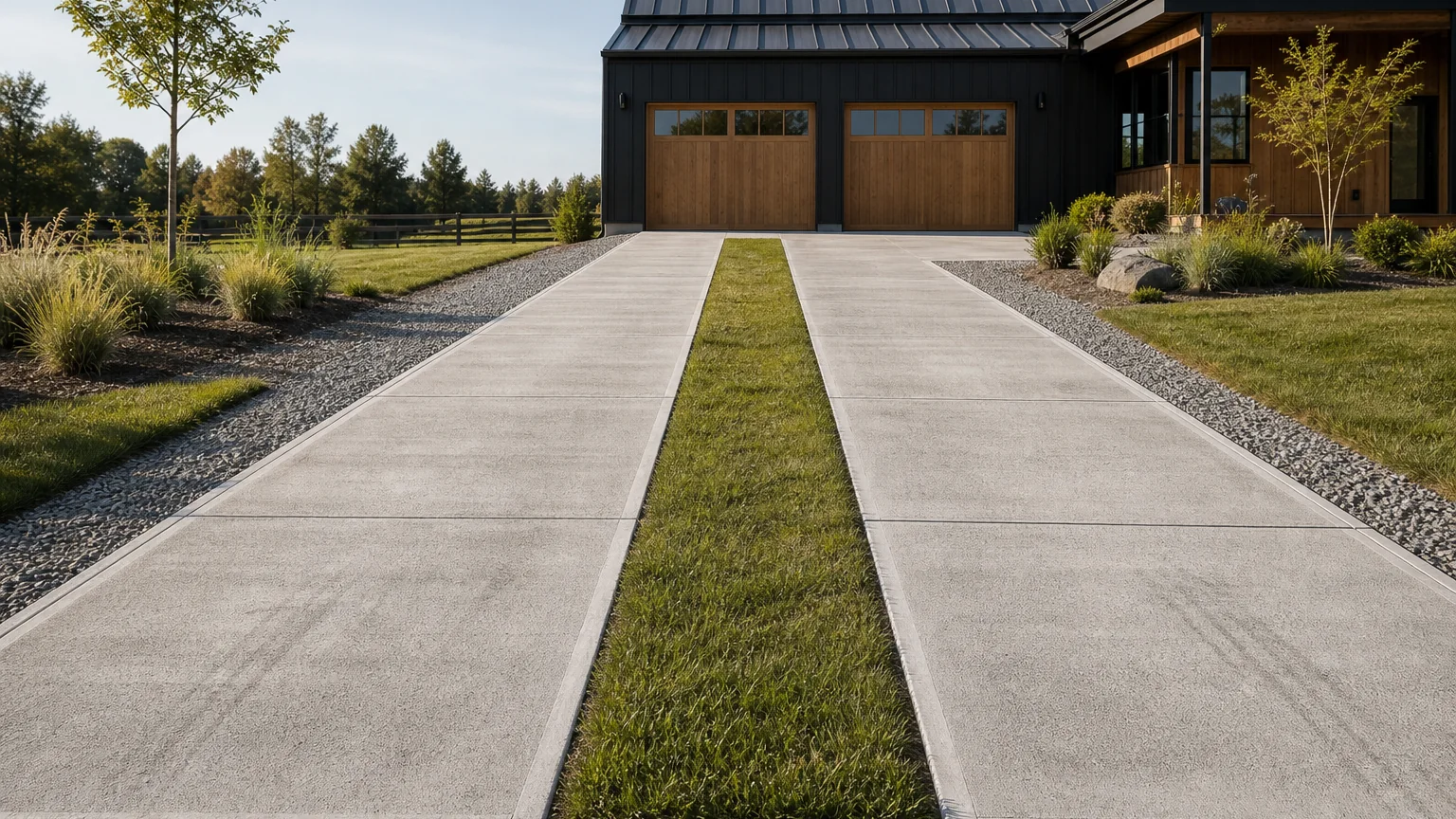 Modern barn driveway with two concrete tire strips and a planted center grass strip.