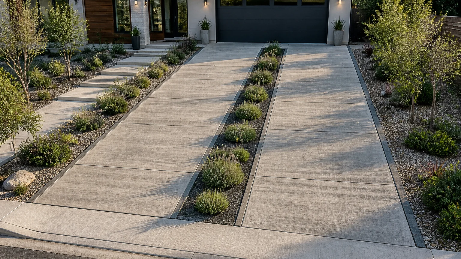 Wide concrete driveway with a narrow planted median and contemporary front landscaping.