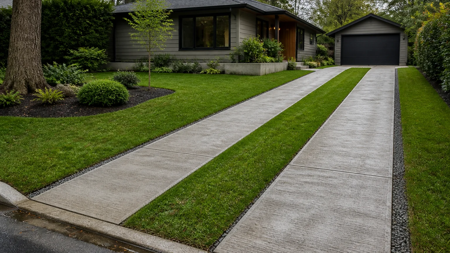 Modern concrete ribbon driveway with planted grass strips between vehicle tracks.