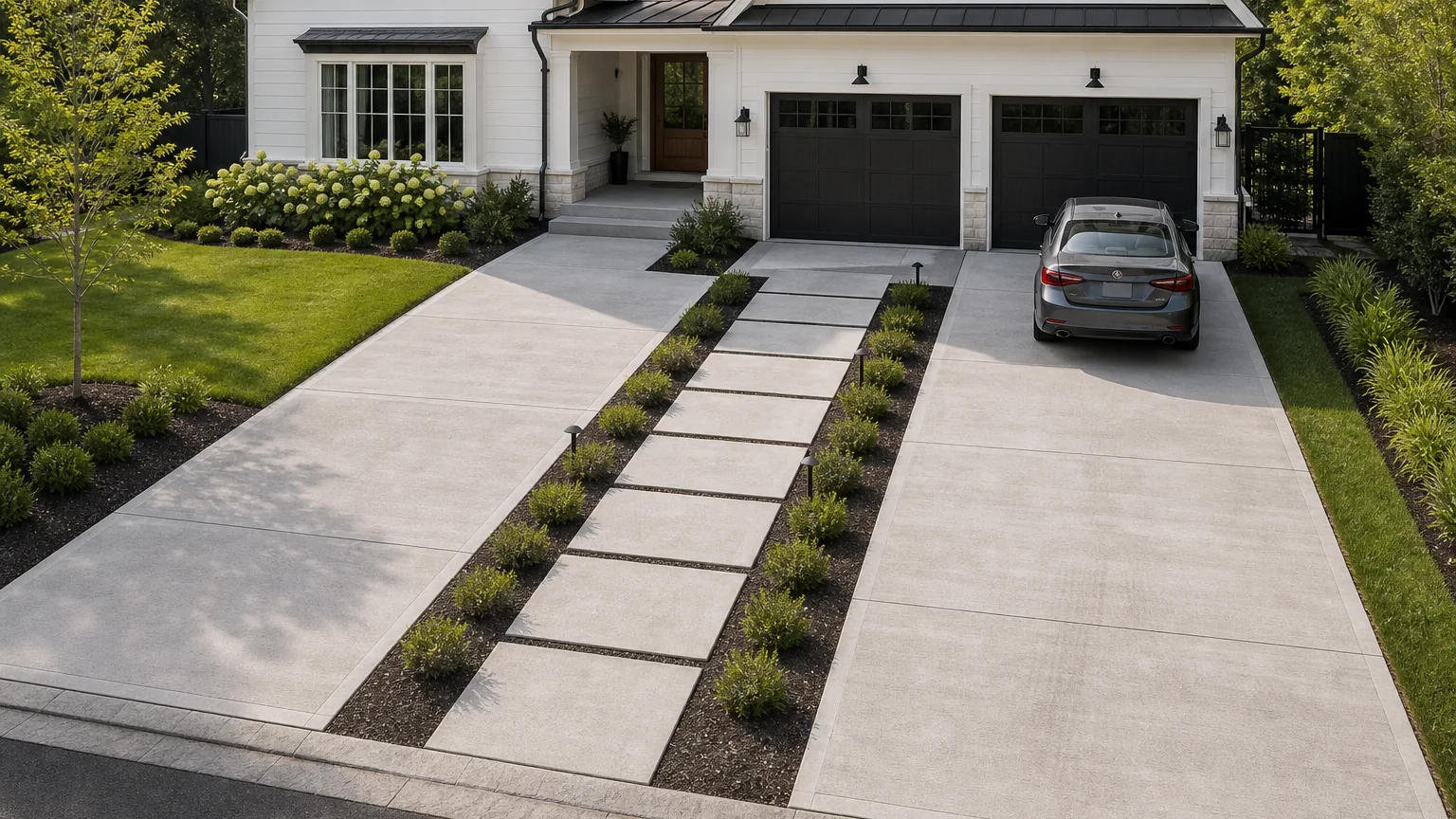 Split concrete driveway with a raised central pedestrian path and low planting.