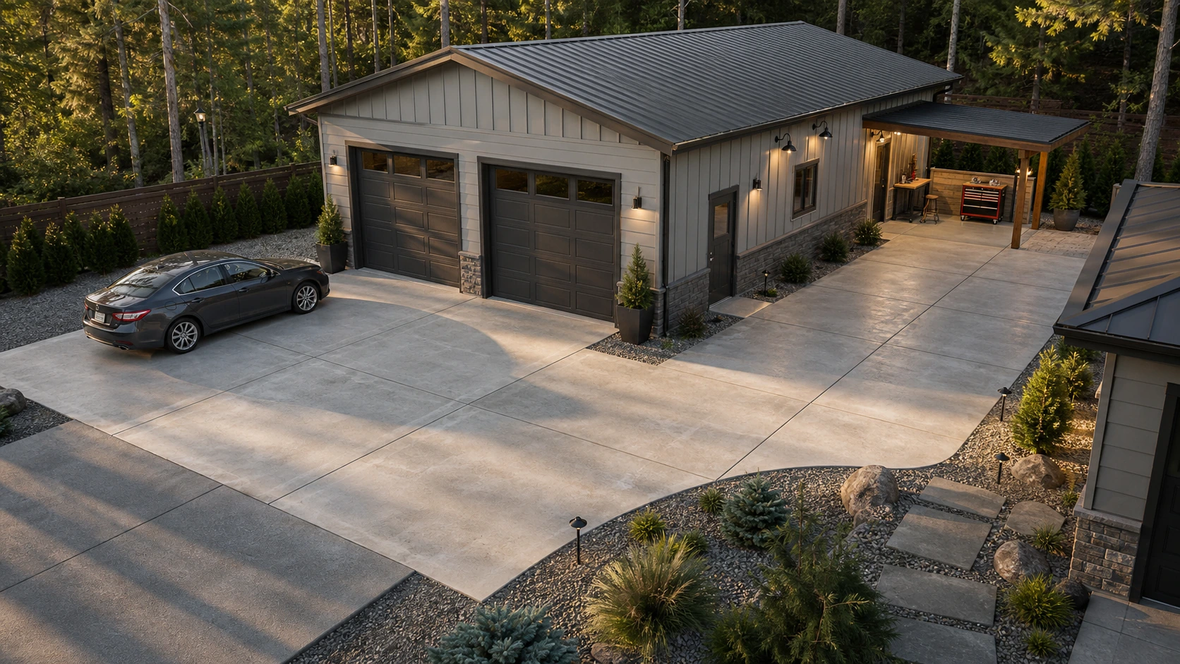 Detached garage-workshop with a wide concrete court, clean joints, task lighting, and low planting.