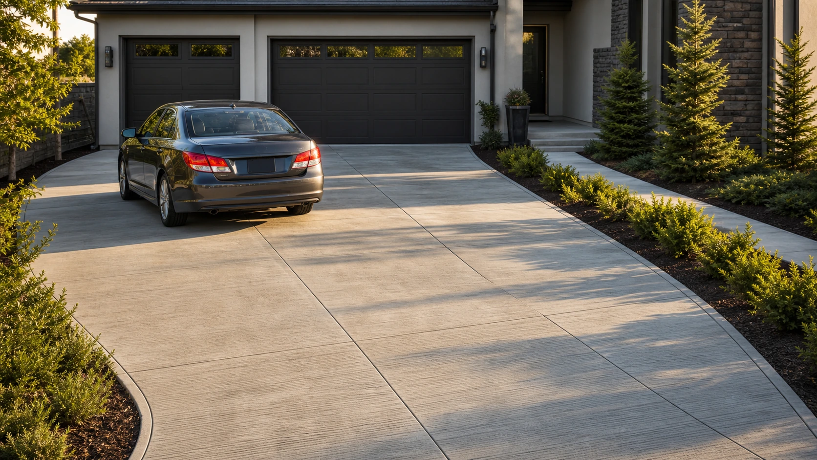 Modern two-car detached garage with a broad concrete apron, clean joint layout, and low planting.