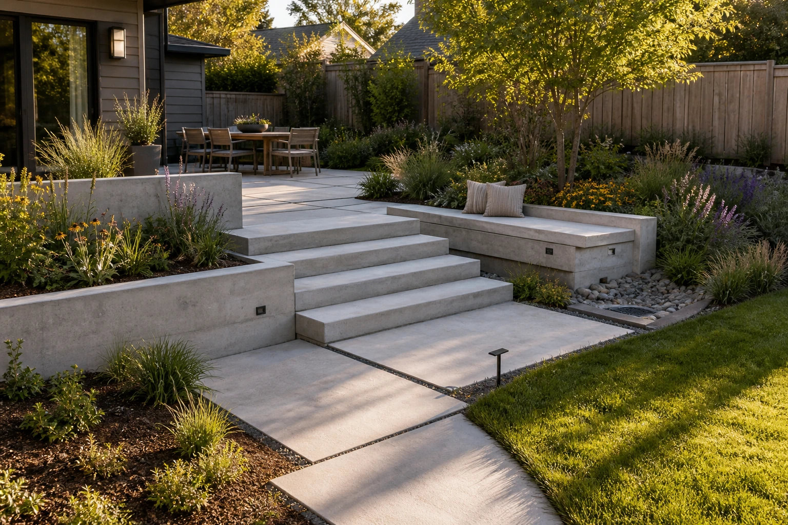 Modern garden composed of low concrete walls, planters, and a terrace with layered planting.