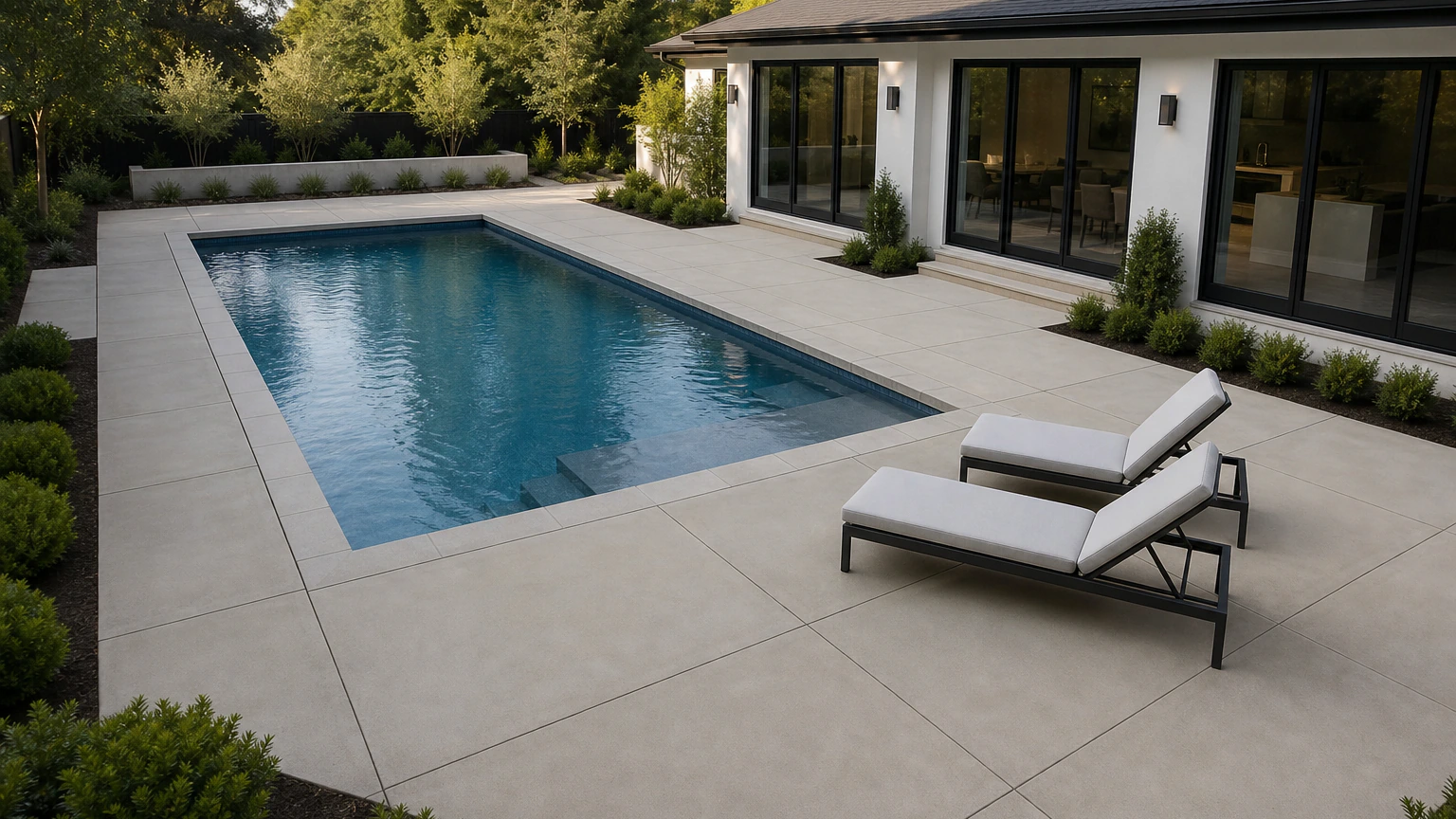 Modern pale concrete pool deck with large rectangular panels, lounge chairs, and restrained planting.
