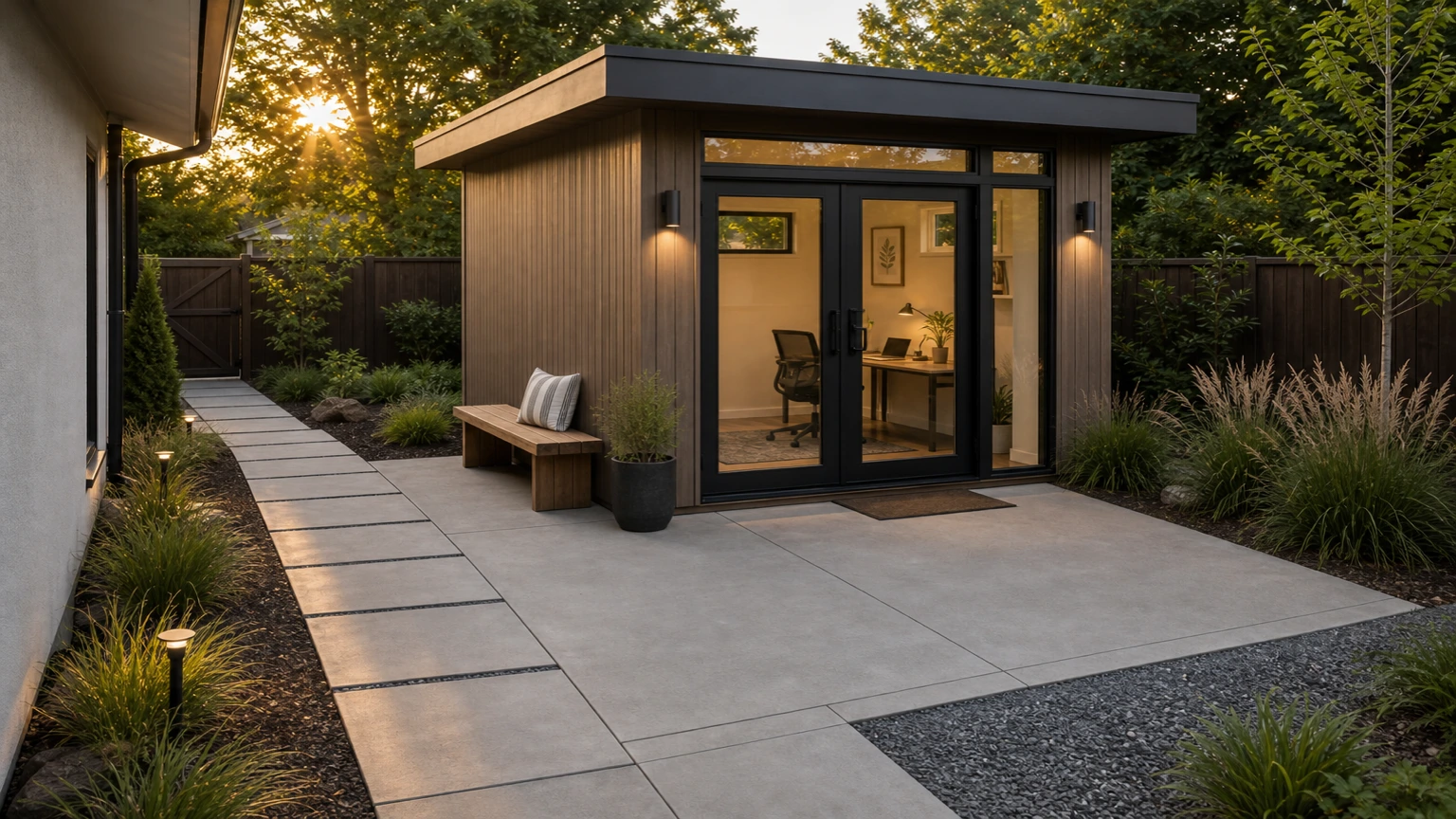 Contemporary garden studio on a clean concrete pad with glass doors and low planting.