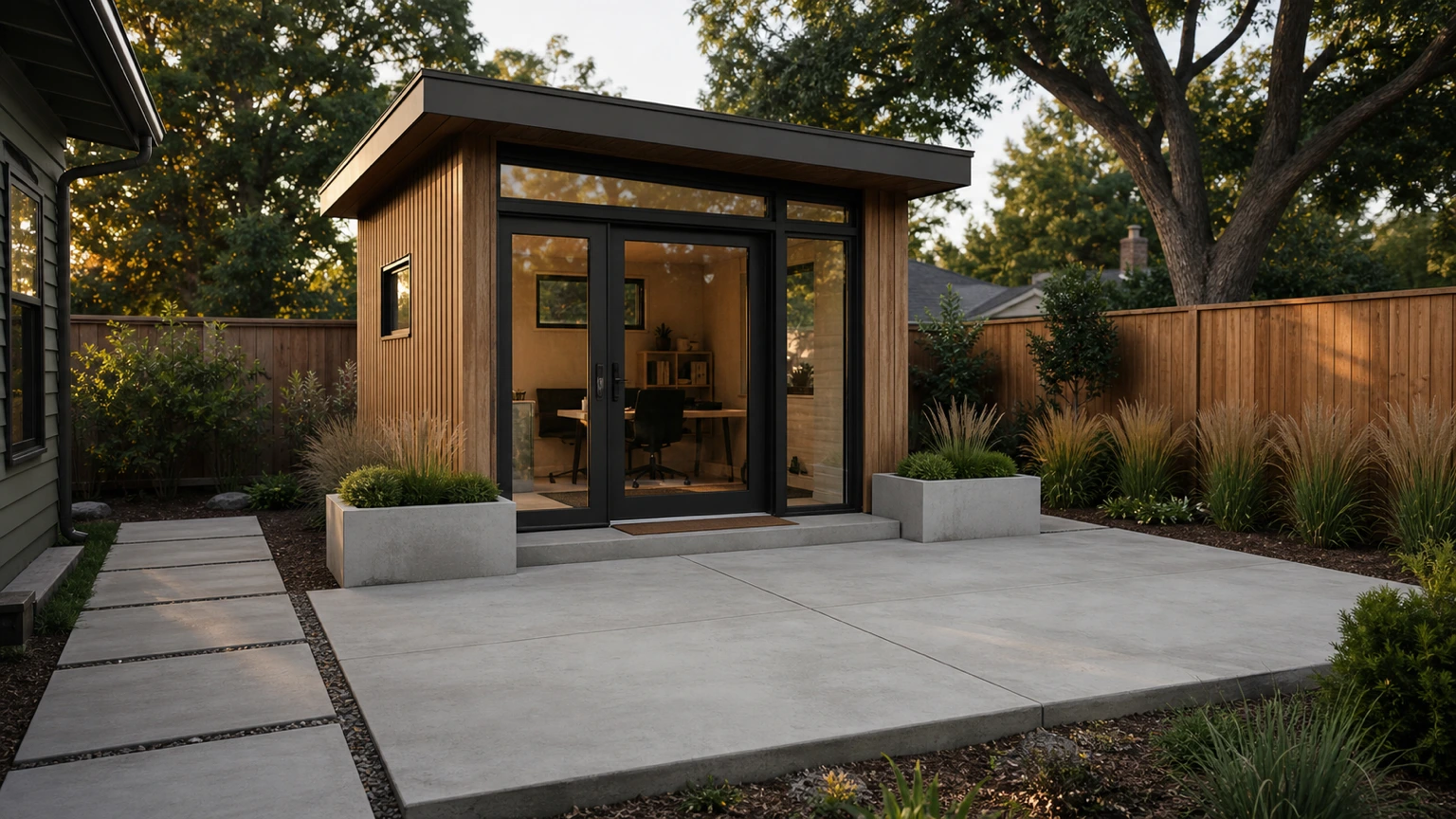 Small garden office on a concrete pad with a clear entry path, low planting, and modern backyard setting.