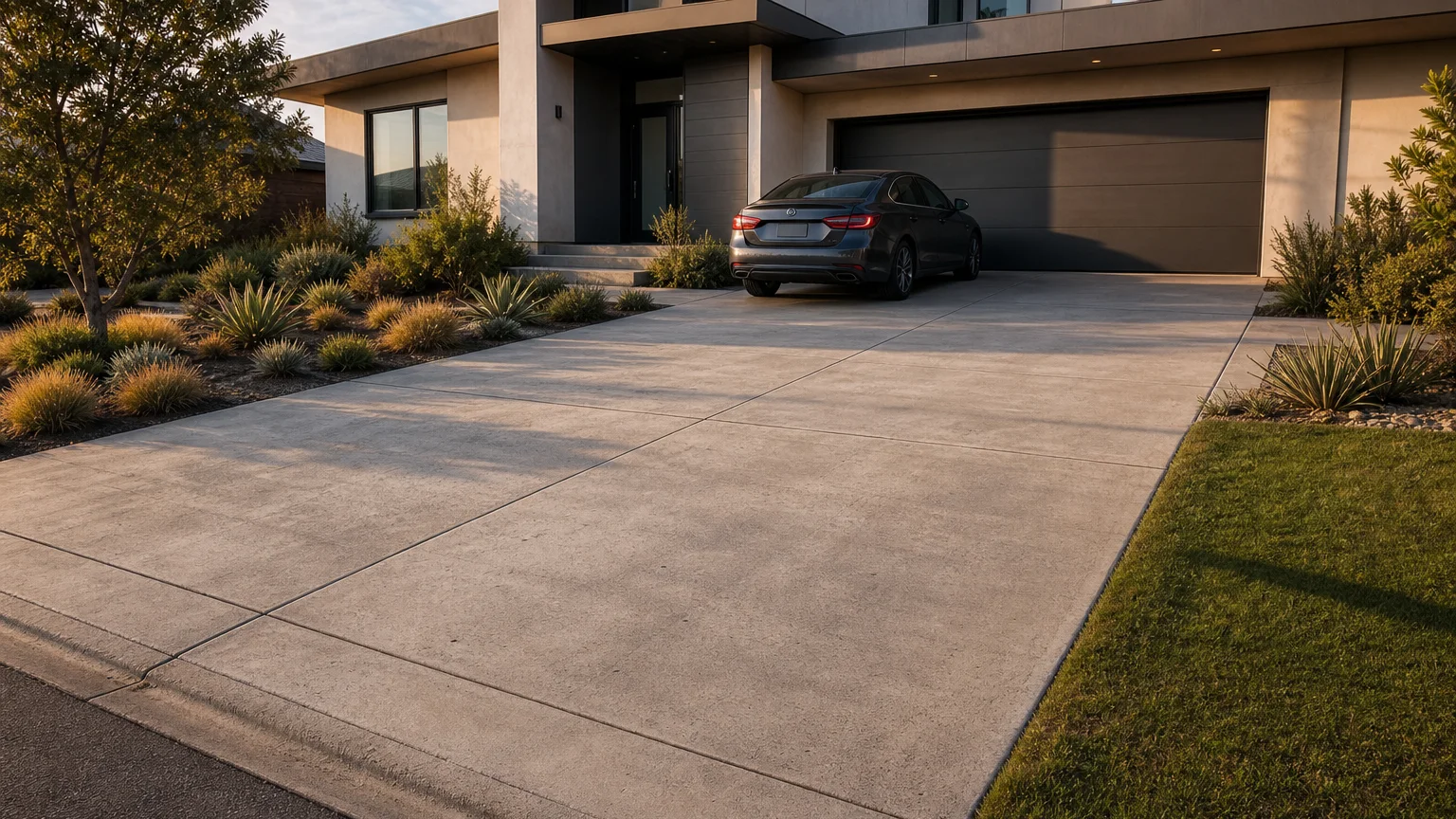 Modern solid concrete entry stoop with broad uniform steps, a full landing, and restrained planting.